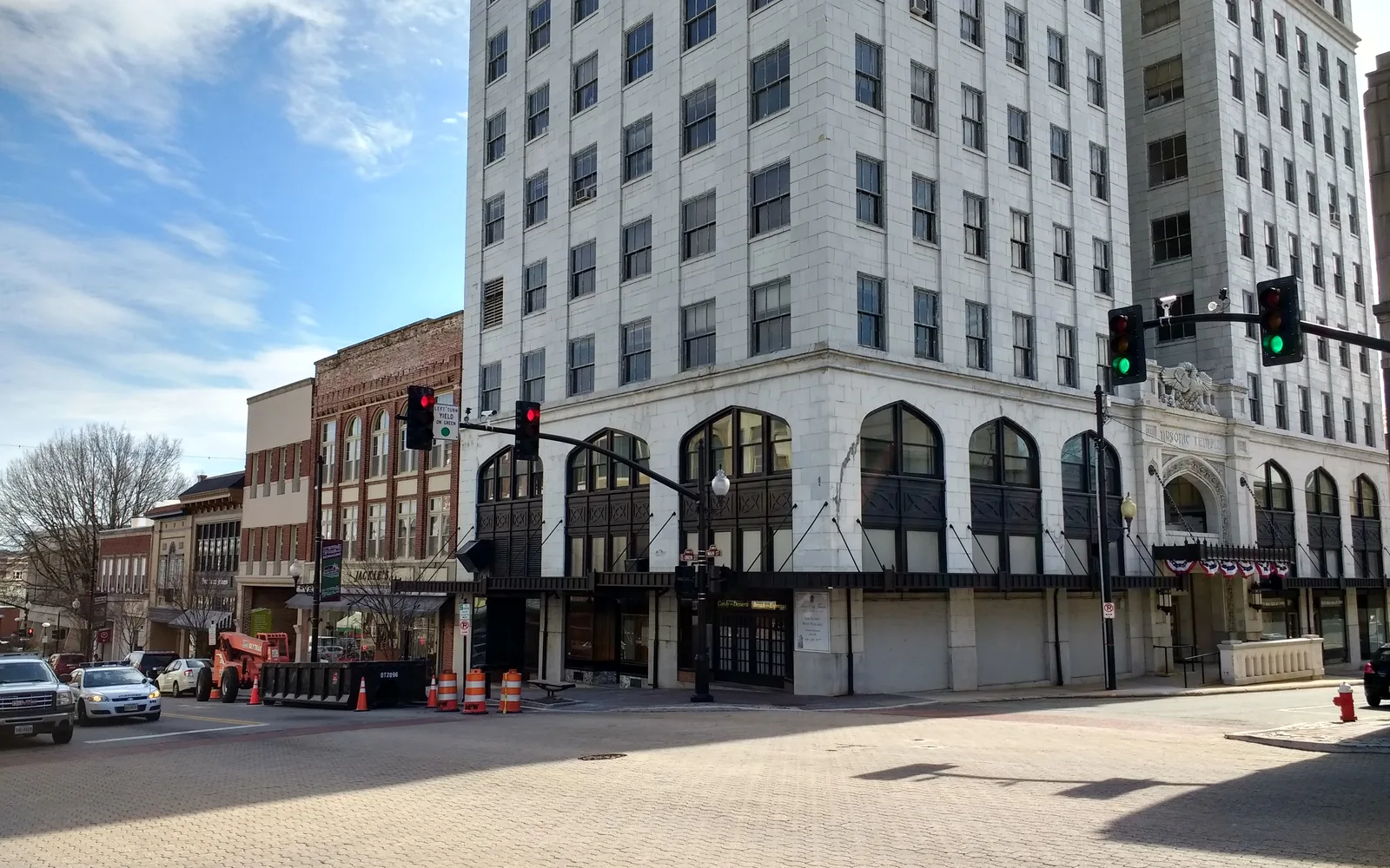 A historic Masonic temple and adjacent buildings in a downtown historic district